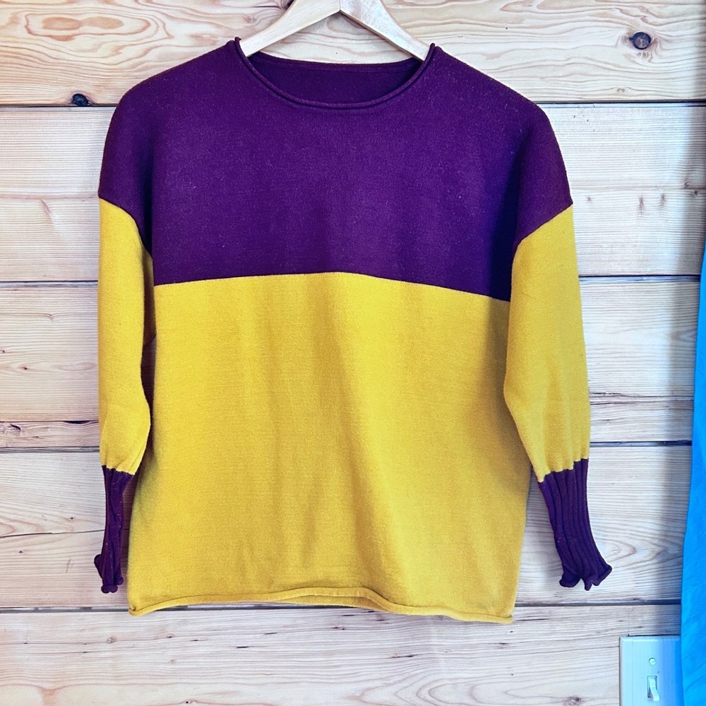 Handmade Chartreuse &‎ Burgundy Heavy Knit Rugby Colorblock Sweater Thick Ribbed